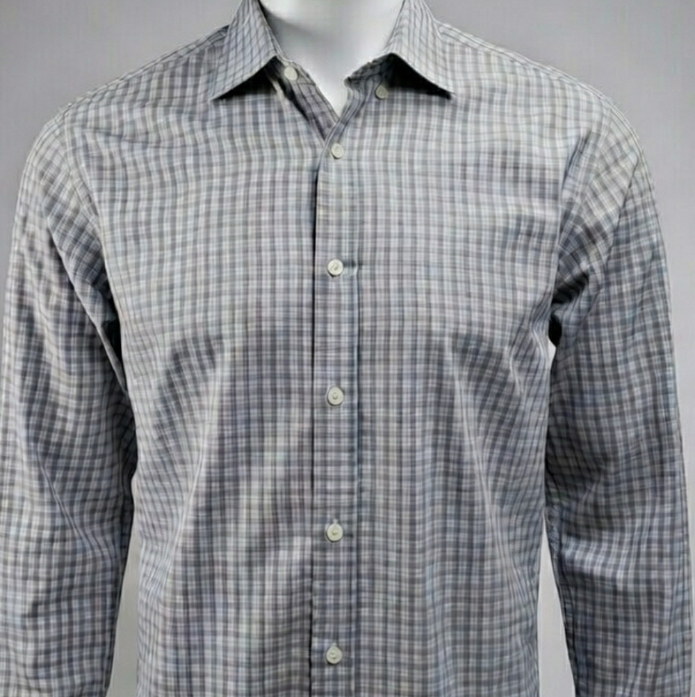 Express Men's Fitted Gray Checkered Button Down CasBiz Shirt